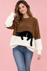 Oversized Brown Cat Graphic Sweater