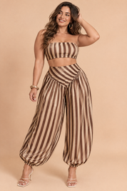 Ensemble plissé rayé marron | Porté sur une autre silhouette | Lounelle Paris