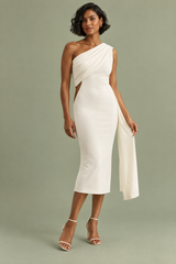 White Asymmetric-Neck Midi Dress With Sash