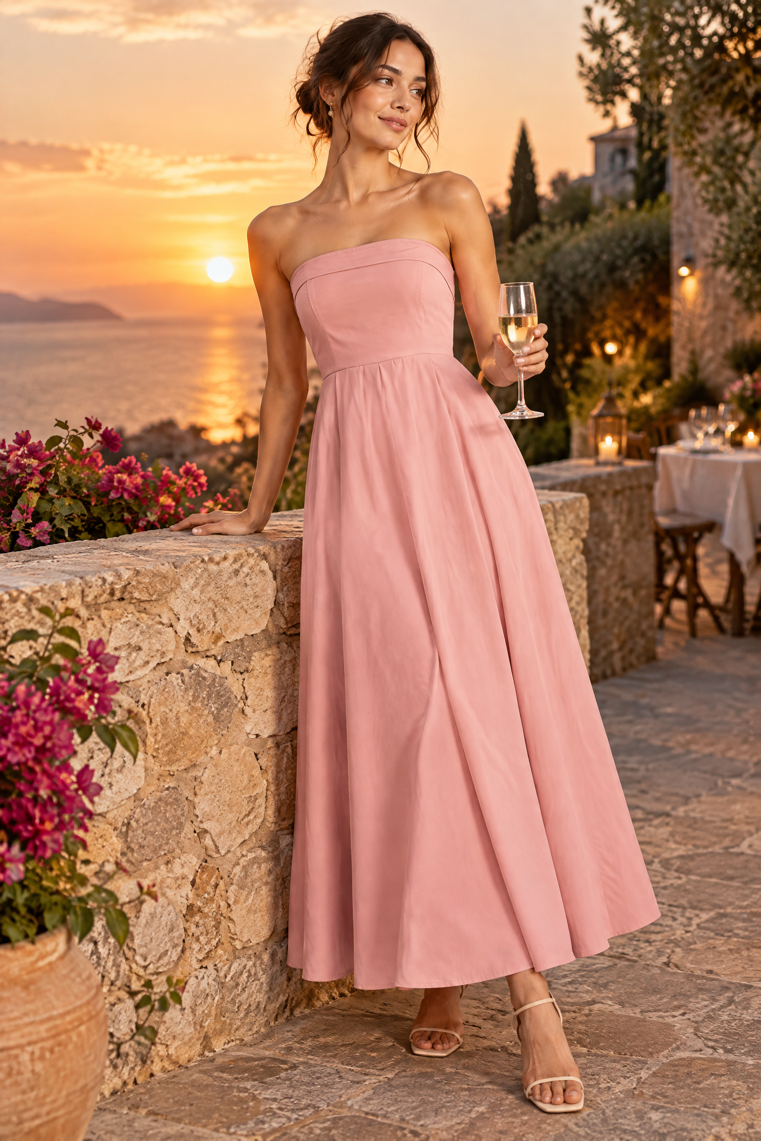 Robe midi évasée bustier — rose clair | Deuxième photo lifestyle | Lounelle Paris
