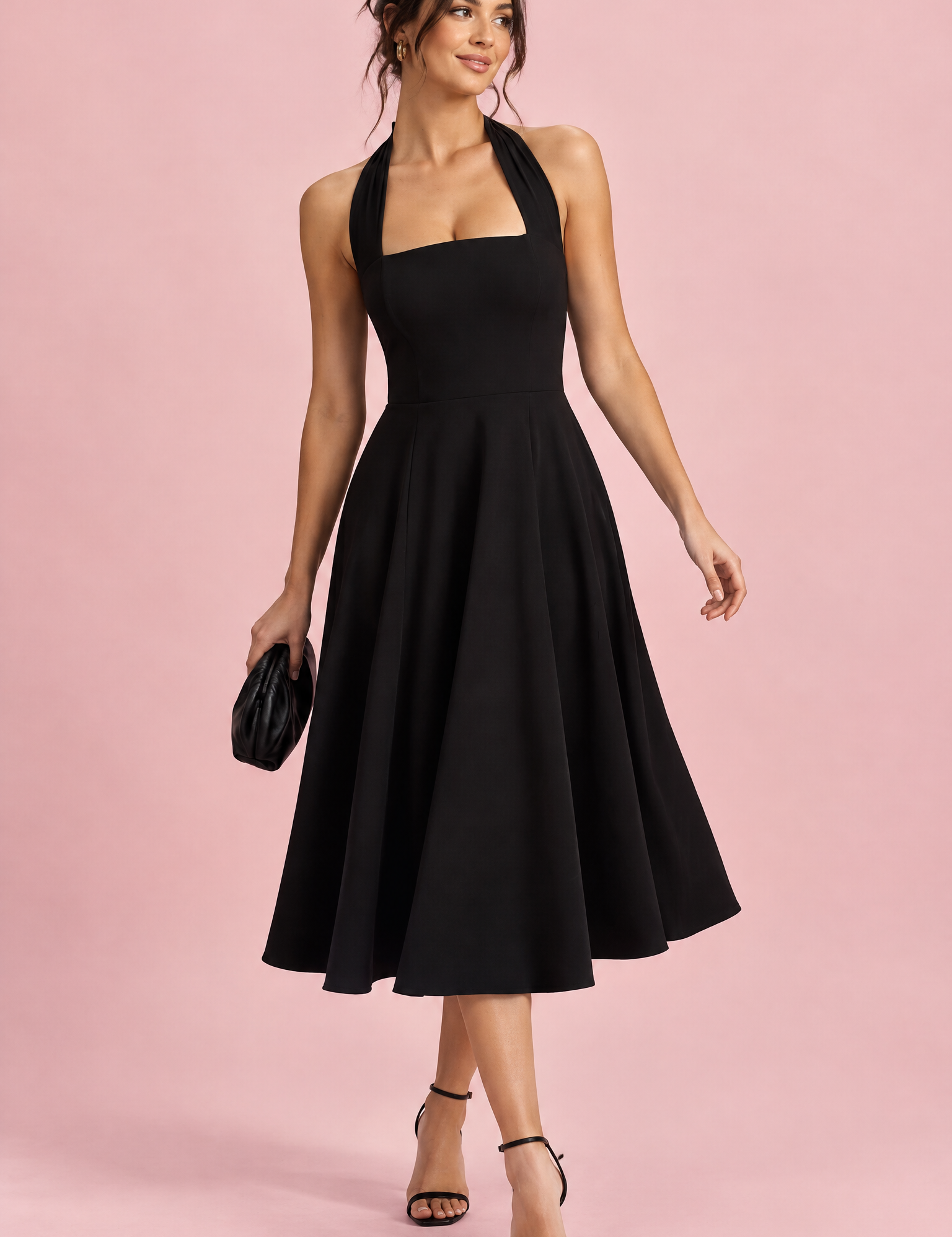 Robe midi patineuse noire à col américain | Vue de face | Lounelle Paris