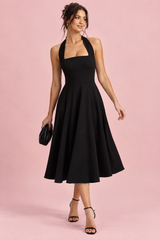 Black skater midi dress with a square neckline