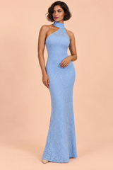 Sky Blue Asymmetric Halterneck Lace Maxi Dress with Slit