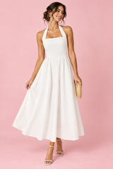White Halter Skater Midi Dress