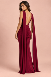 Robe longue rouge à col bateau, manches cape et dos nu | Vue de dos | Lounelle Paris