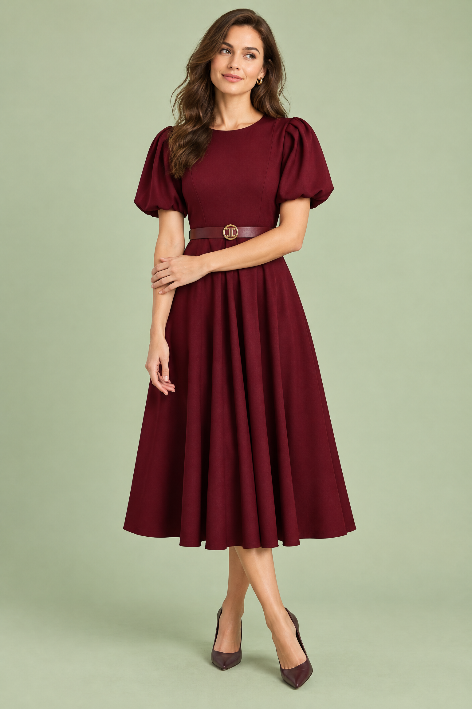 Robe midi bordeaux à col montant et manches bouffantes | Vue de face | Lounelle Paris