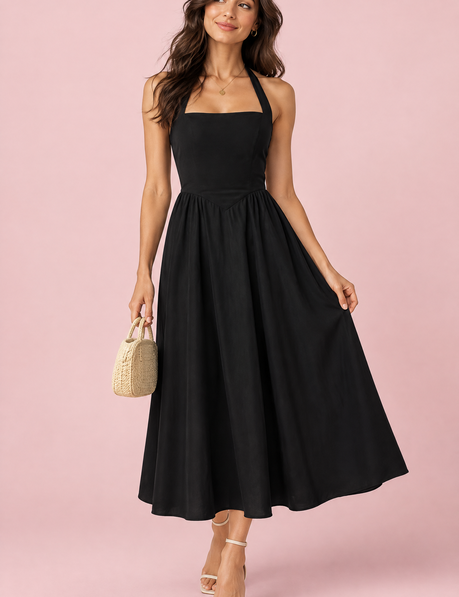 Robe midi patineuse noire à encolure américaine | Vue de face | Lounelle Paris