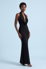 Black Backless Cowl Neck Fishtail Maxi Dress
