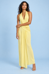 Long Yellow Asymmetric Draped Halter Dress with Open Back