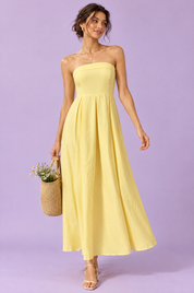 Robe midi évasée bustier — jaune | Vue de face | Lounelle Paris