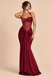 Robe longue bordeaux froncée à encolure dos nu | Vue de face | Lounelle Paris