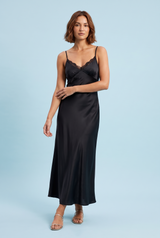 Long Black V-Neck Slip Dress with Lace Details and Thin Straps