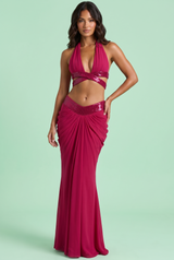 Magenta Halterneck Draped Maxi Skirt Set