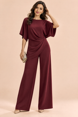 Burgundy Pleated Wrap-Front Wide-Leg Trouser Set