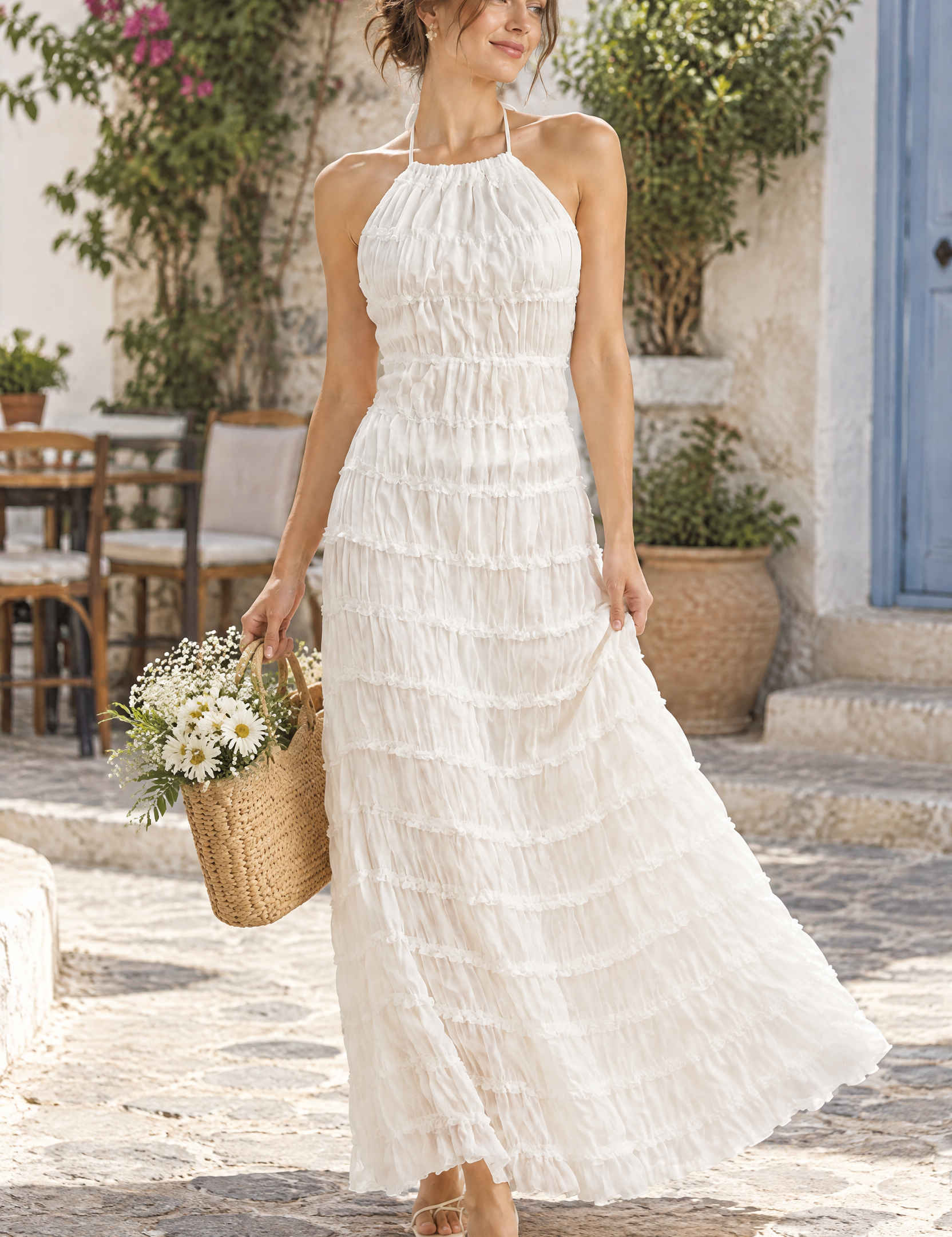 Robe longue plissée blanche | Photo lifestyle | Lounelle Paris