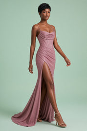 Robe longue rose scintillante à fente | Vue en mouvement | Lounelle Paris