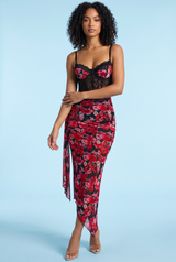 Leopard Print Mesh V-Neck Maxi Dress With Front High Split — Red