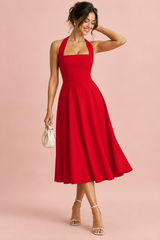 Red skater midi dress with a square neckline