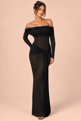 Black Lace Bardot-Neck Maxi Dress With Gathered-Detailing And Sash