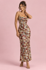 Gold Sequin Maxi Dress with Floral Embellishments and Square Neckline