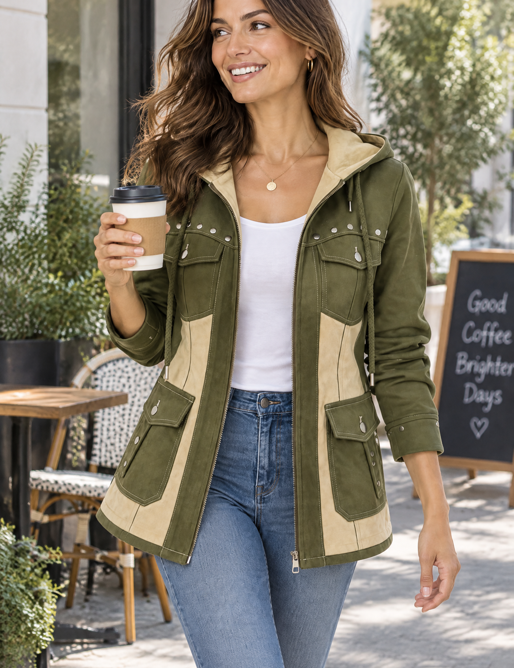 Veste à capuche olive à empiècements | Photo lifestyle | Lounelle Paris