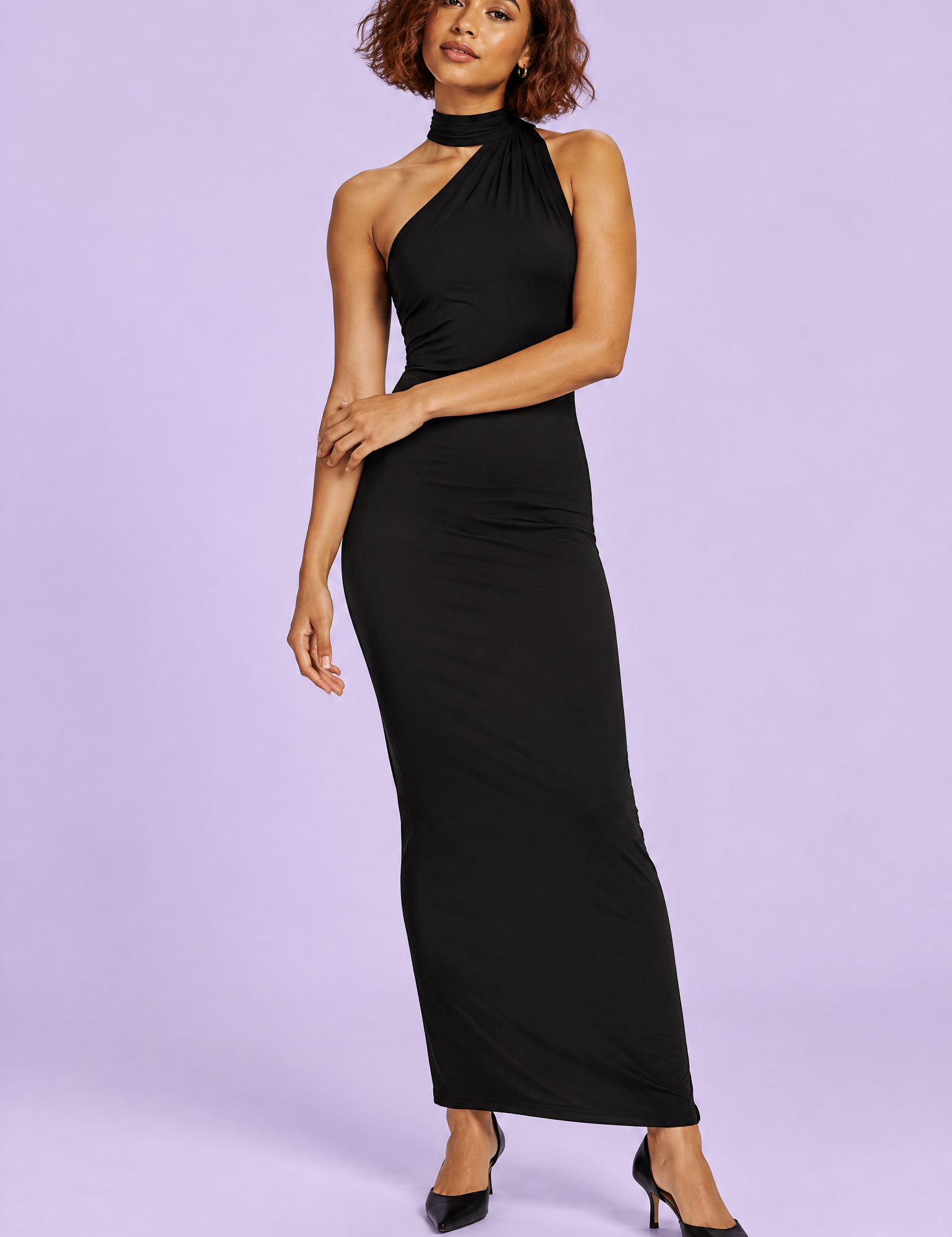 Robe longue noire à encolure asymétrique, avec col | Vue de face | Lounelle Paris
