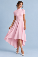 Pink High-Neck High-Low Midi Dress