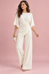 Off White Pleated Wrap-Front Wide-Leg Trouser Set