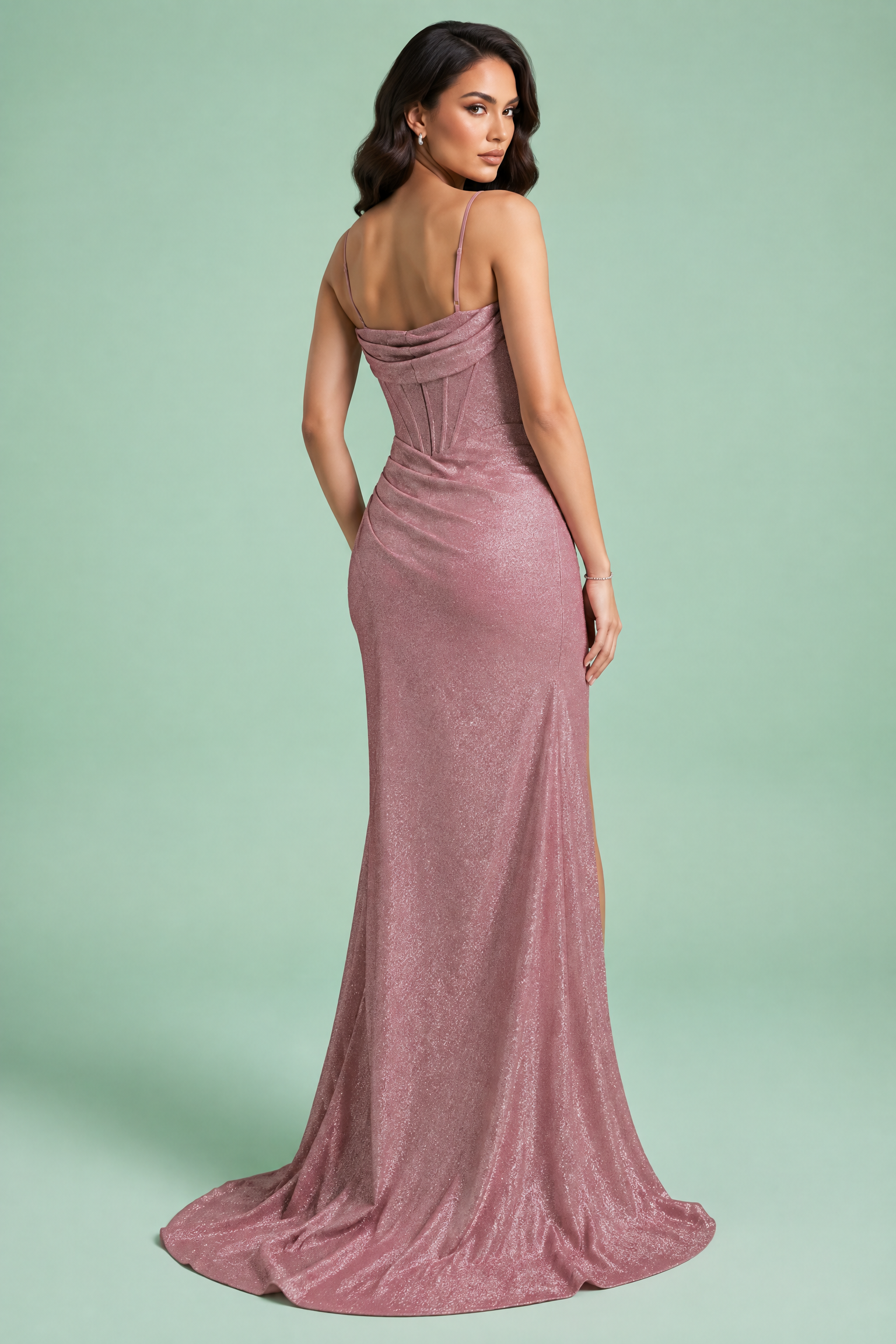Robe longue rose scintillante à fente | Vue de dos | Lounelle Paris
