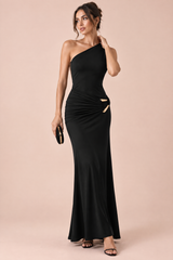 Black Satin One-Shoulder Backless Maxi Dress