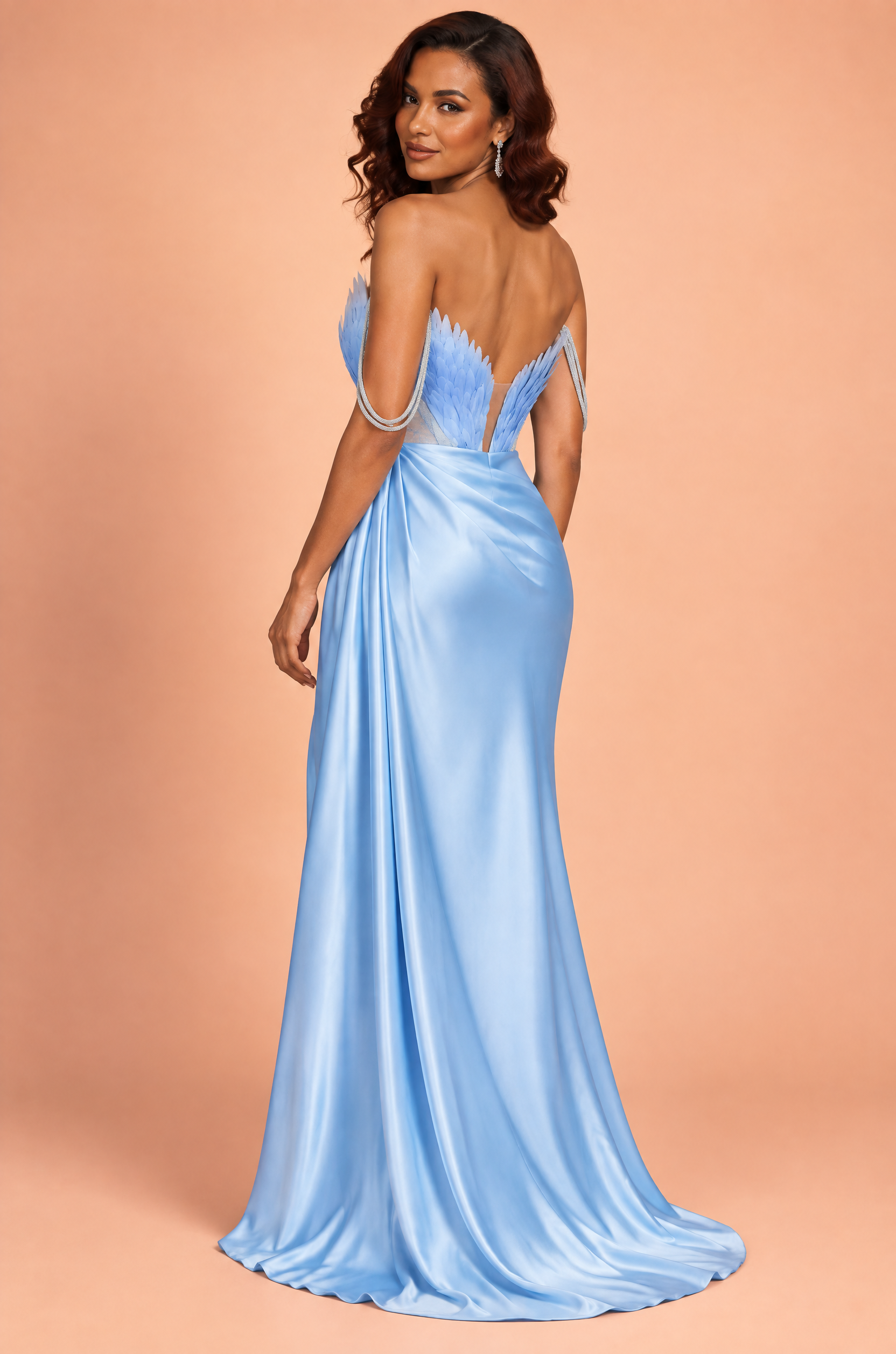 Robe longue bustier froncée bleu ciel | Vue de dos | Lounelle Paris