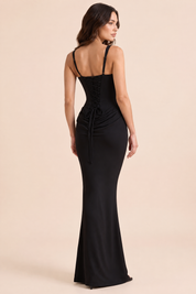 Robe longue noire froncée à encolure carrée | Vue de dos | Lounelle Paris