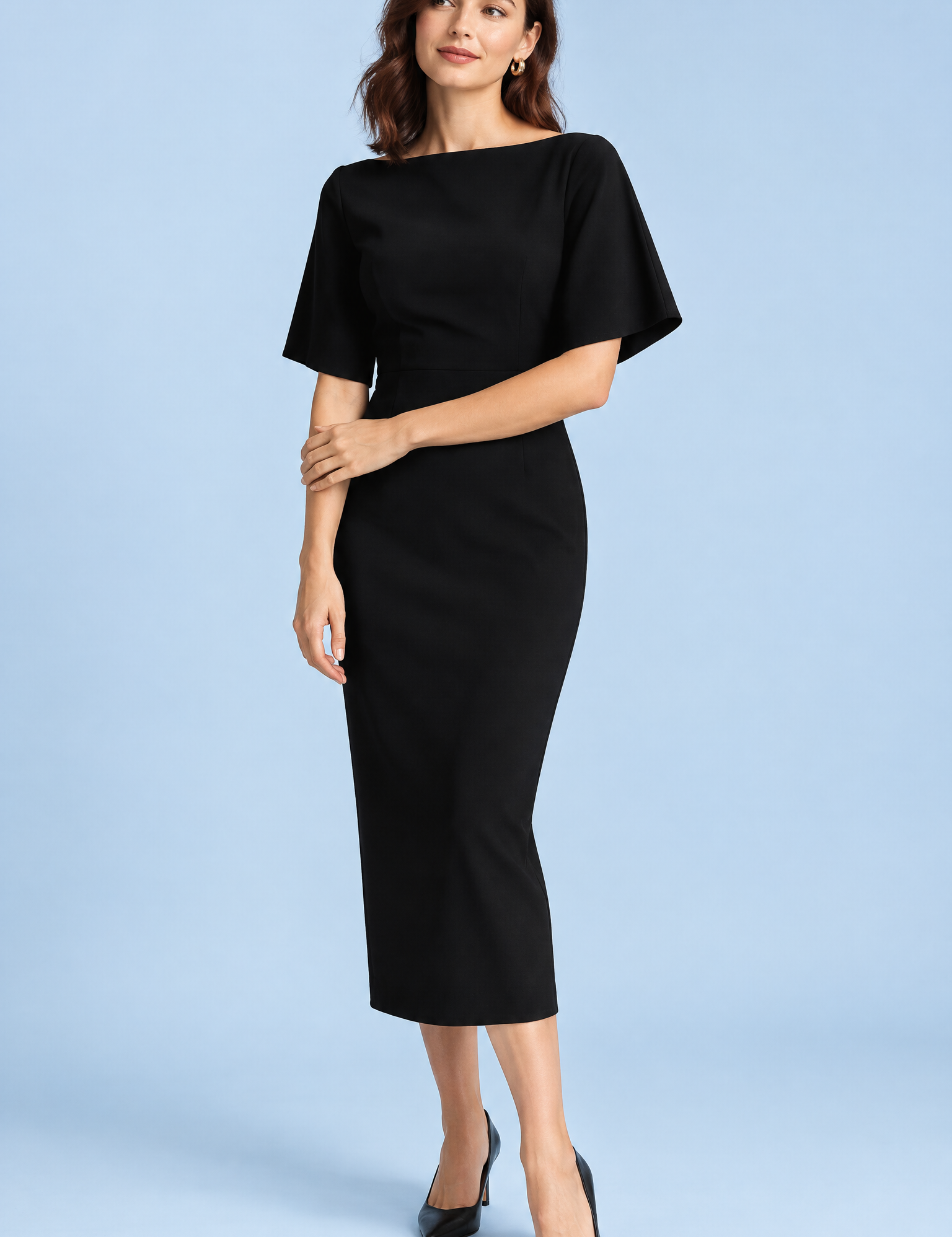 Robe midi noire avec cape amovible | Vue de face | Lounelle Paris