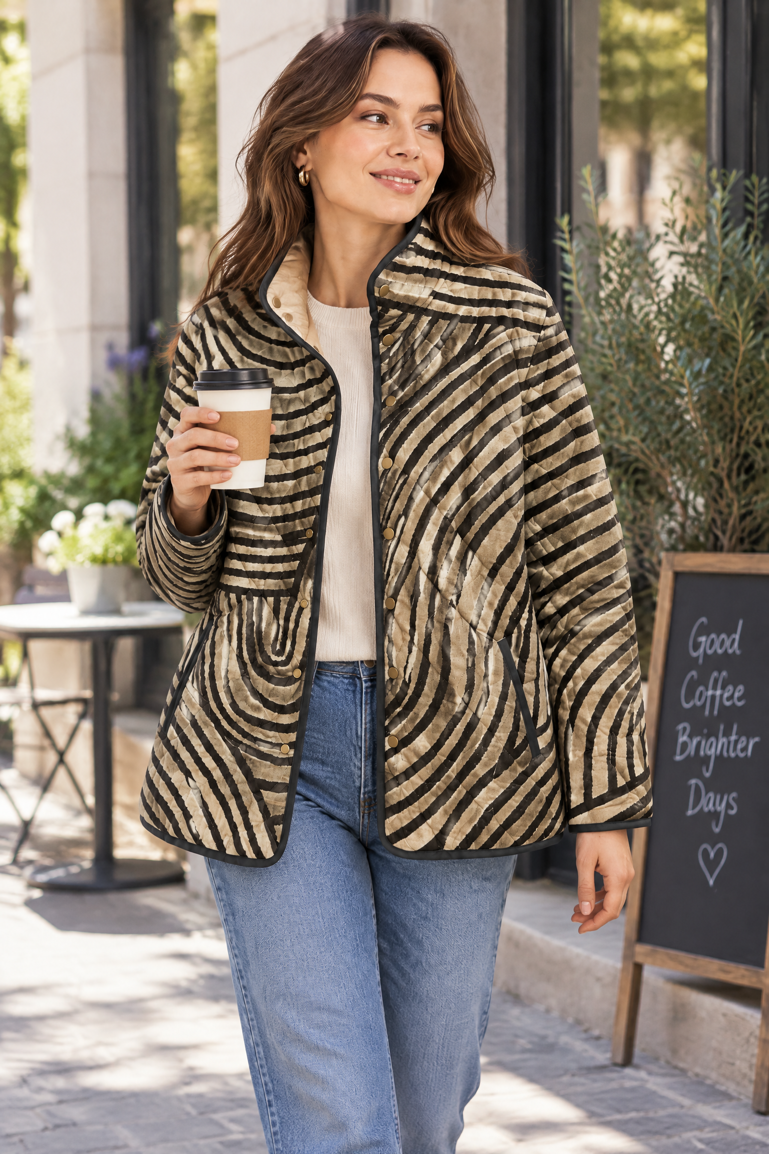 Veste matelassée beige à col montant | Photo lifestyle | Lounelle Paris