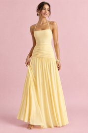 Robe longue jaune clair à encolure carrée et fronces | Vue de face | Lounelle Paris
