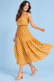 Robe longue jaune à pois avec col montant et détails drapés | Vue de dos | Lounelle Paris