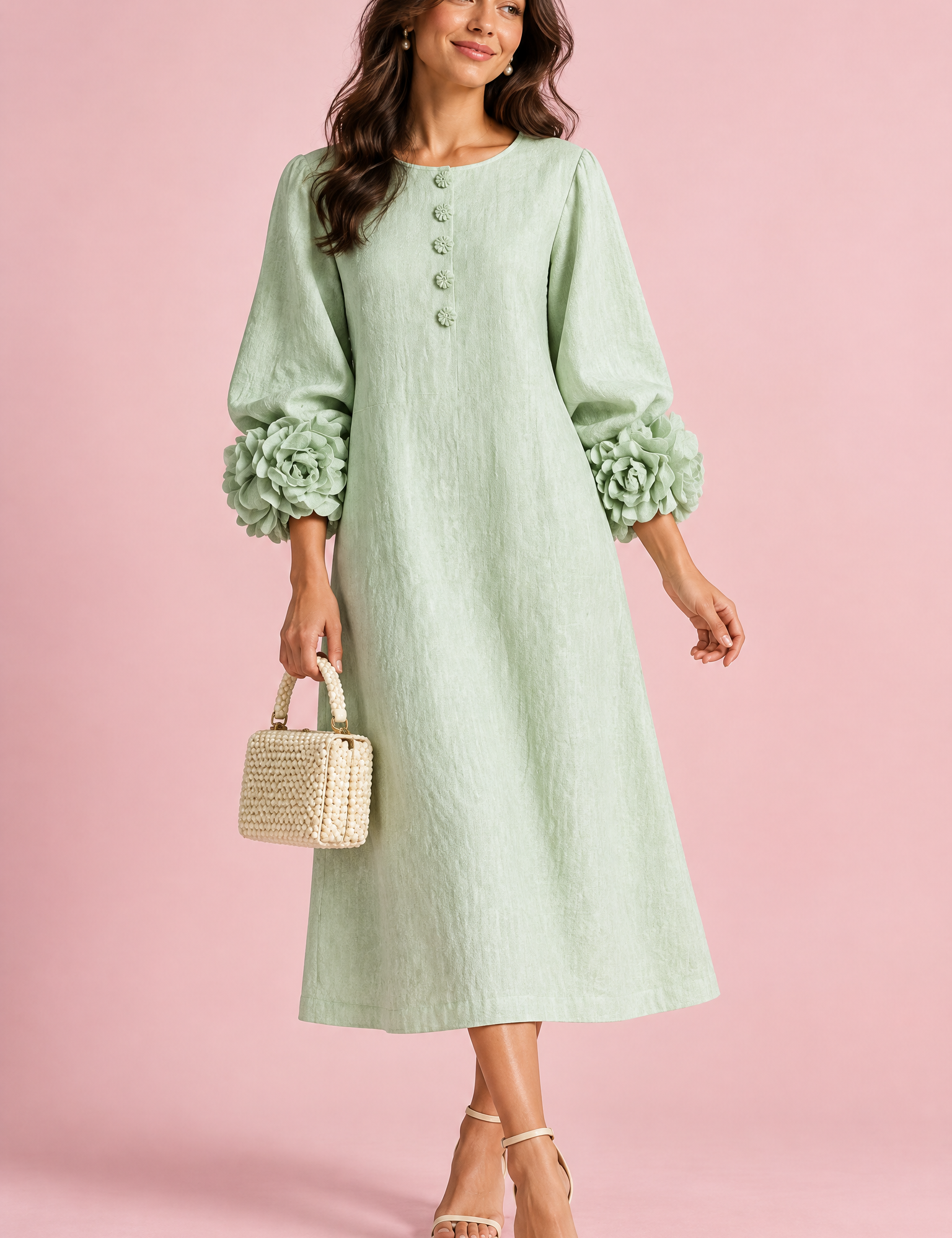 Robe midi vert menthe coupe trapèze à manches bouffantes | Vue de face | Lounelle Paris