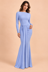 Blue Wide-Neck Maxi-Dress With Gathered-Detailing