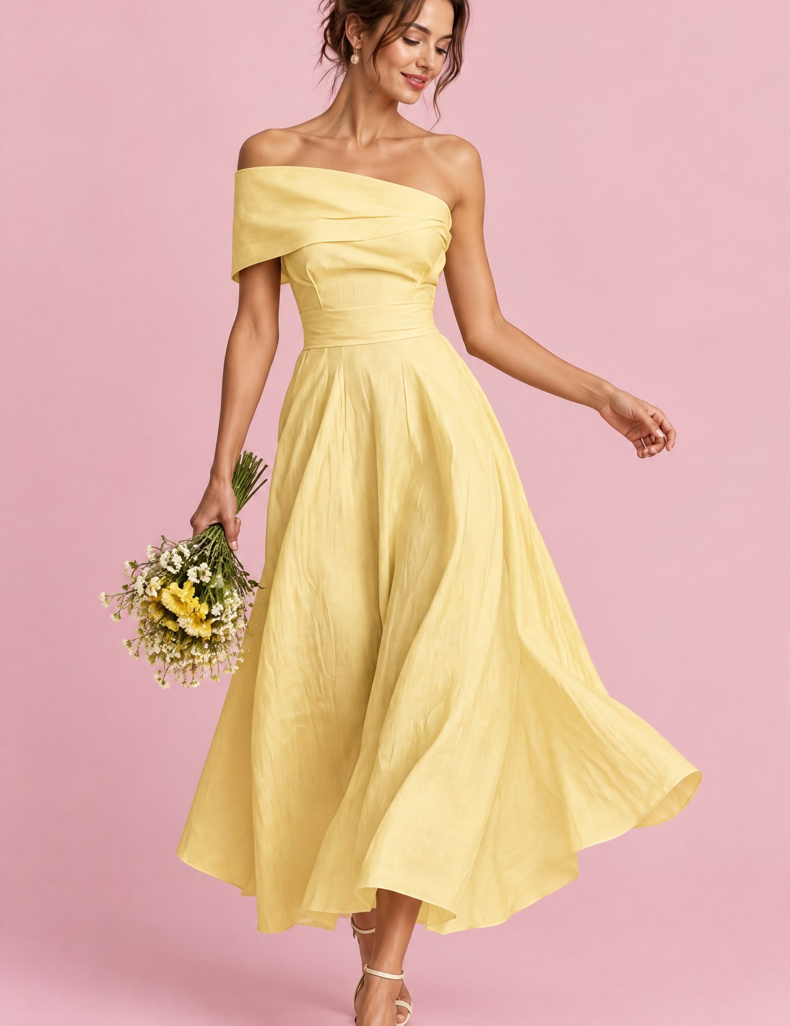 Robe asymétrique jaune à épaules dénudées | Vue de face | Lounelle Paris