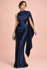 Dark Blue Cowl Neck Satin Maxi Dress