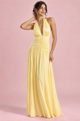 Yellow Maxi Dress with a Plunging Neckline and Ruching