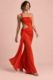 Robe asymétrique orange rouge à découpe | Vue en mouvement | Lounelle Paris