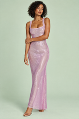Pink Square-Neck Sparkle Maxi Dress