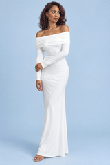 White Maternity Ruched Mesh Bardot Maxi Dress