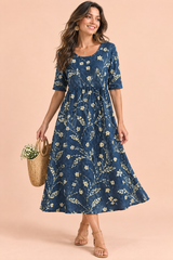 Navy Blue Floral A-Line Midi Dress