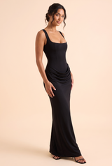 Black Square-Neck Ruched Maxi Dress