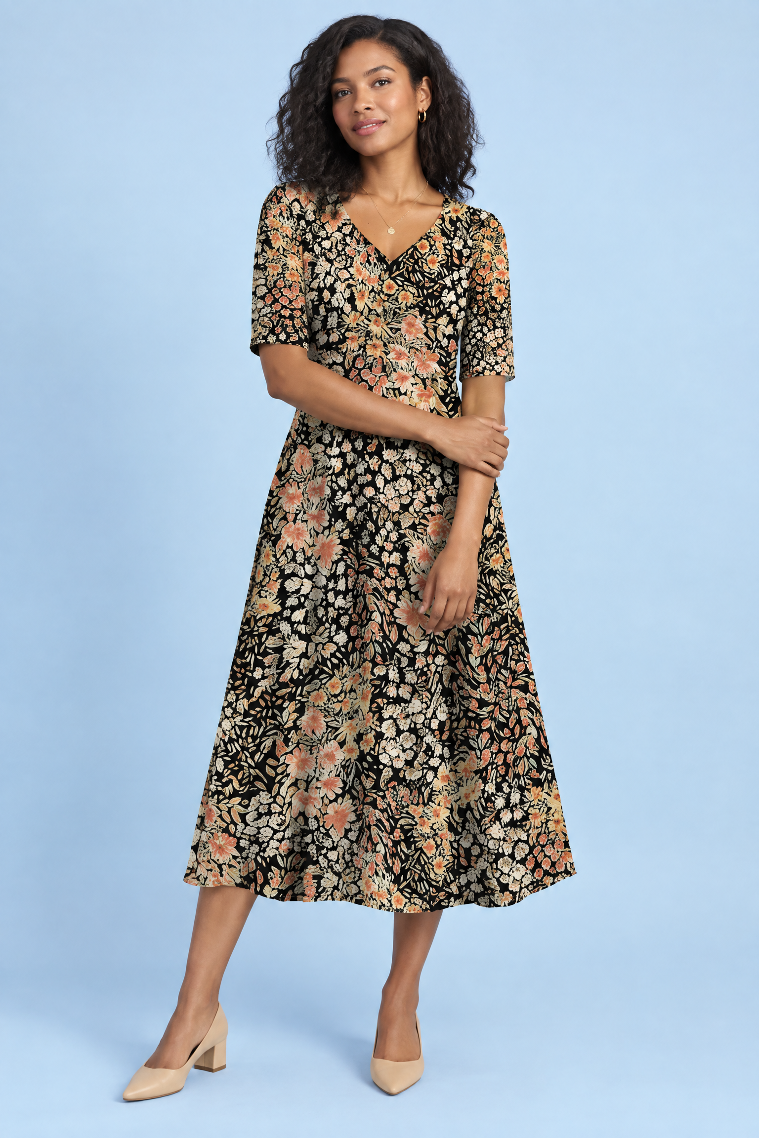 Robe longue noire à col V | Vue de face | Lounelle Paris