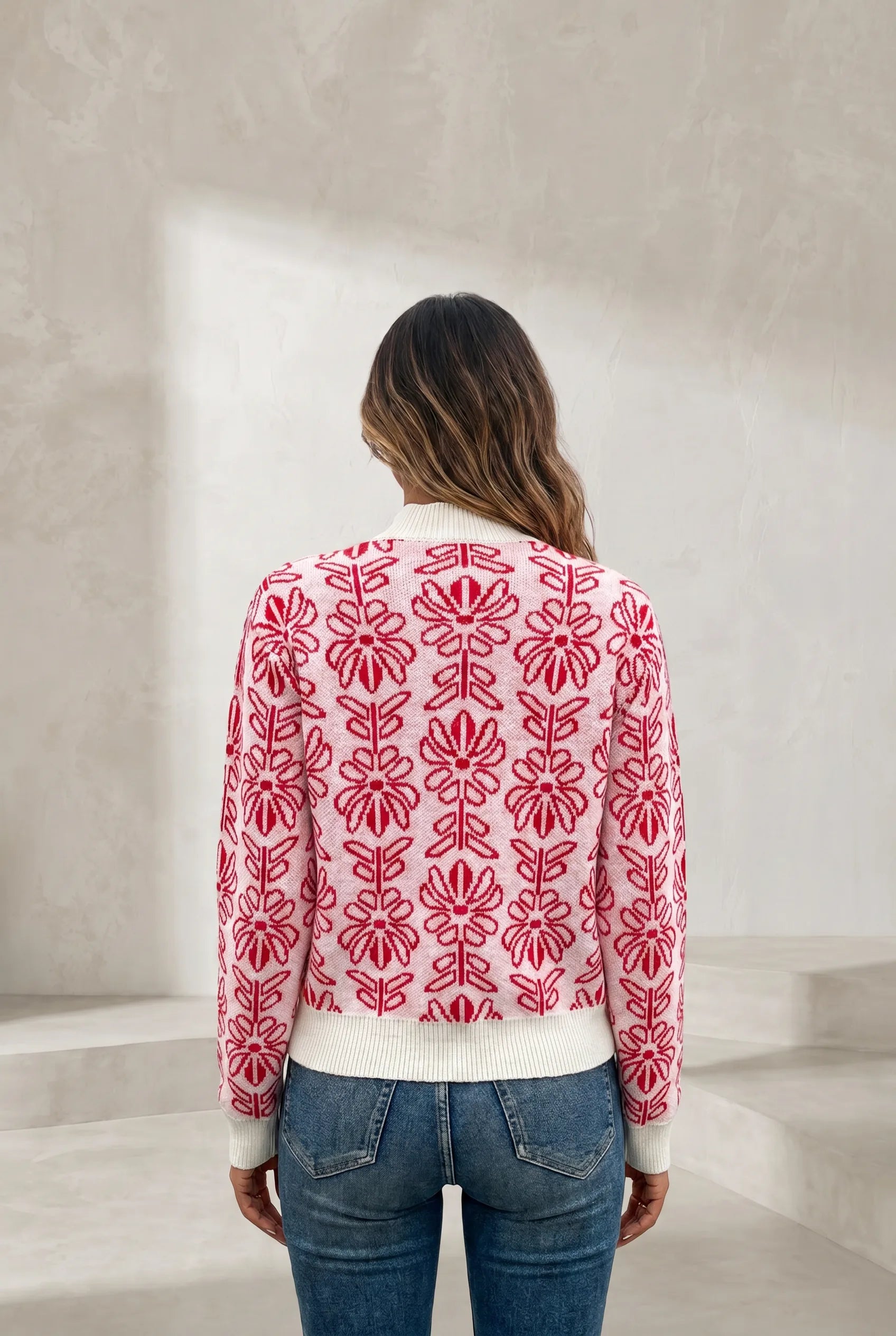 Pull rose jacquard col montant | Lounelle Paris