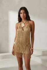 Robe abricot dos nu à franges