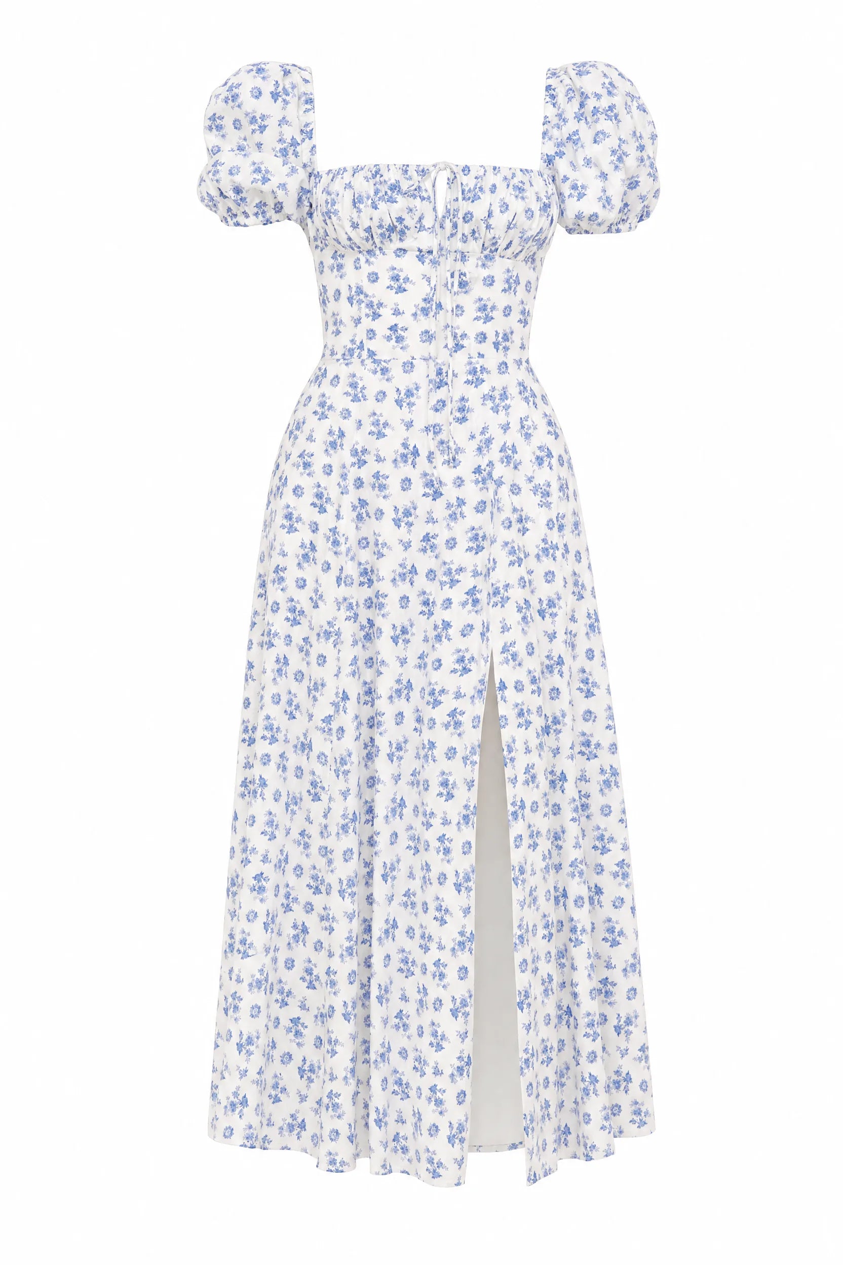 Robe bleue encolure carrée manches bouffantes | Lounelle Paris
